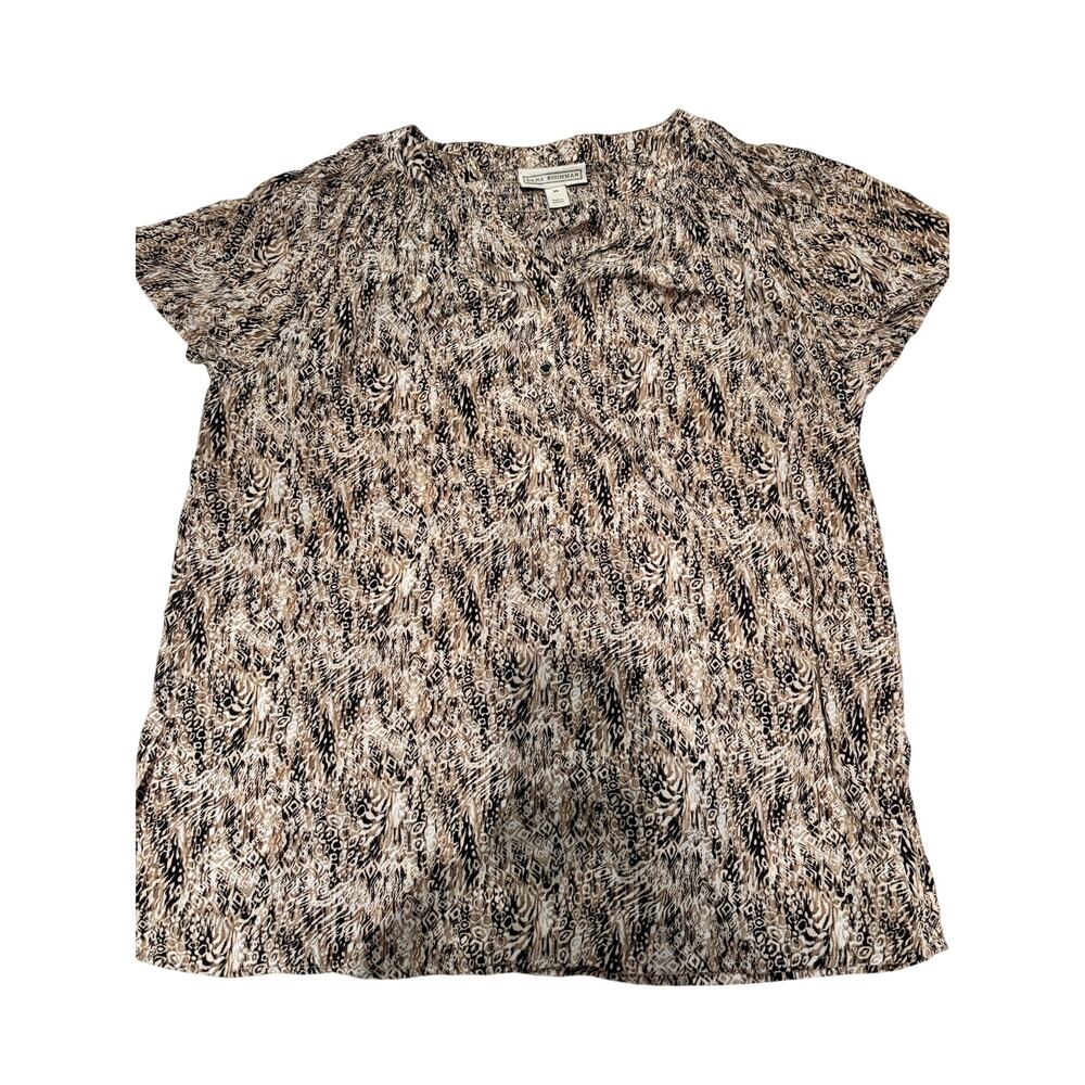 Dana Buchman Animal Print Top Women's Medium V-Neck Short Sleeve Boho Blouse